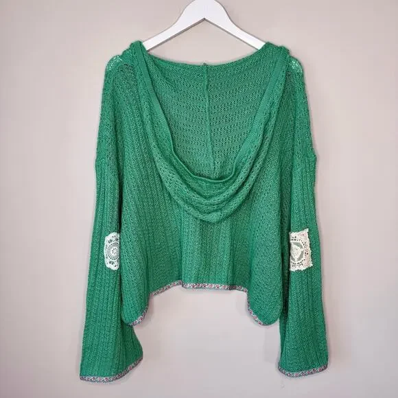 POL | Green Crochet Patchwork Knit Hooded Cardigan Granny Size Small Oversized - Picture 8 of 11